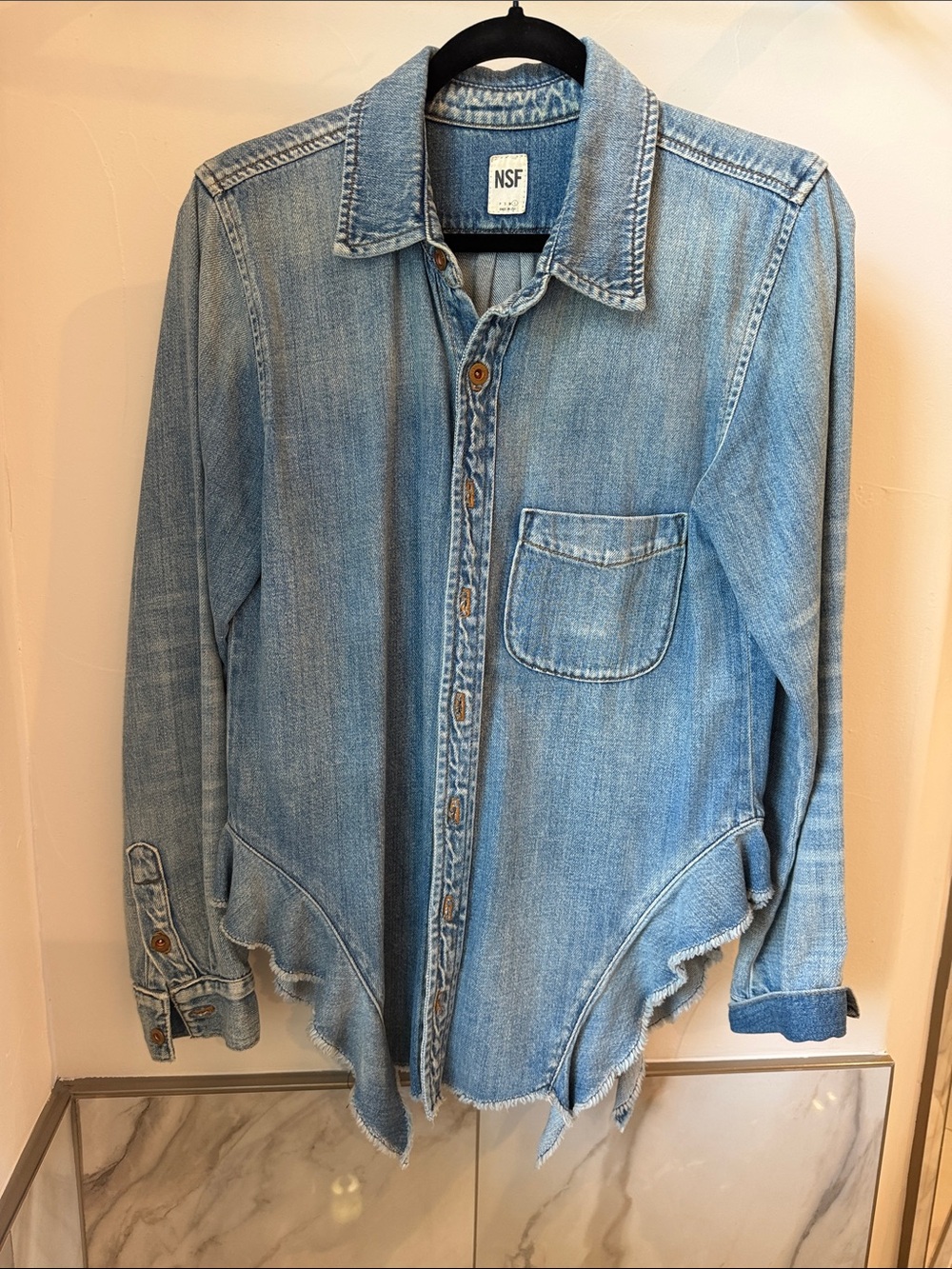 NSF Light Blue Denim Button-Front Shirt with Raw Hem